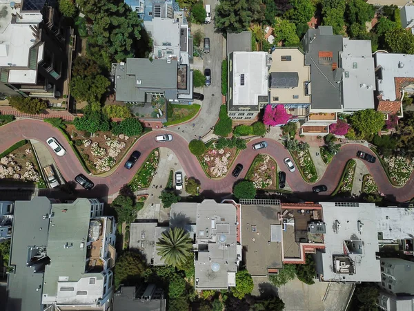 Vintage tone aerial Lombard Street, an east west street in San Francisco, California. Famous for steep, one-block section with eight hairpin turns. Crookedest, steep hills, sharp curves, one-way road