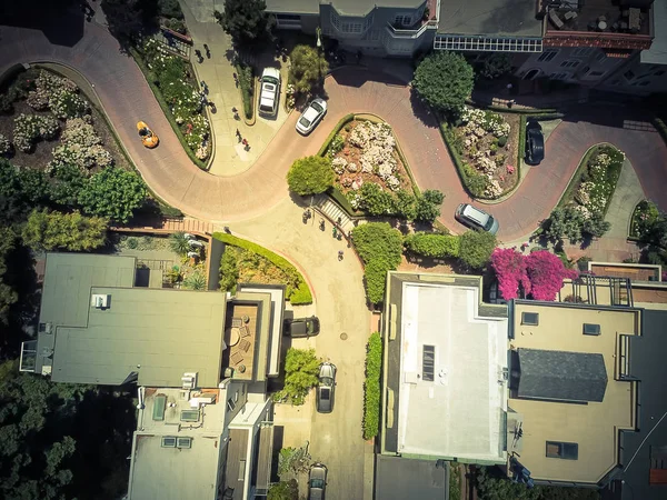 Vintage Tone Aerial Lombard Street Una Calle Este Oeste San —  Fotos de Stock
