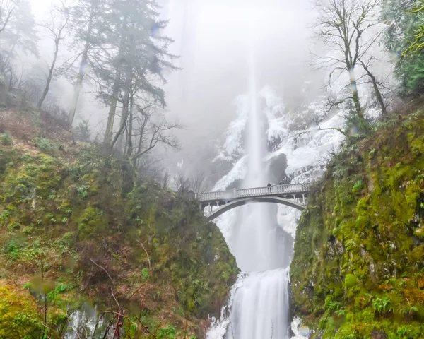 Lindas Cataratas Multnomah Geladas Inverno Uma Cachoeira Lado Oregon Desfiladeiro — Fotografia de Stock