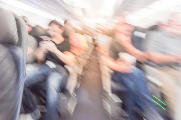 Wazig Beweging Diverse Groep Van Passagier Cabine Van Het Vliegtuig — Stockfoto
