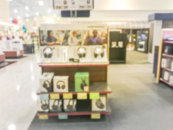 Blurry Background Headphones Demo Station Testing Display Electronic Store Texas — Stock Photo, Image