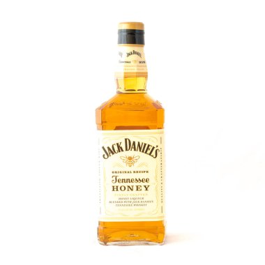 Irving, Tx, bize-Ağustos 4, 2018:Front görünümü stüdyo şişe Jack Daniels Tennessee bal beyaz izole vurdu. Karışım viski benzersiz bal likörü, vanilya, tarçın, denge doğal olarak düz ve içki