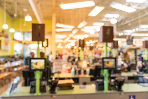 Cajero Imagen Borrosa Con Línea Personas Mostrador Salida Clientes Que —  Fotos de Stock