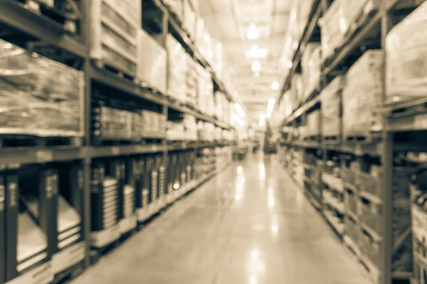 Vintage Tone Blurred Image Shelves Modern Distribution Warehouse Storehouse Defocused — Stock Photo, Image