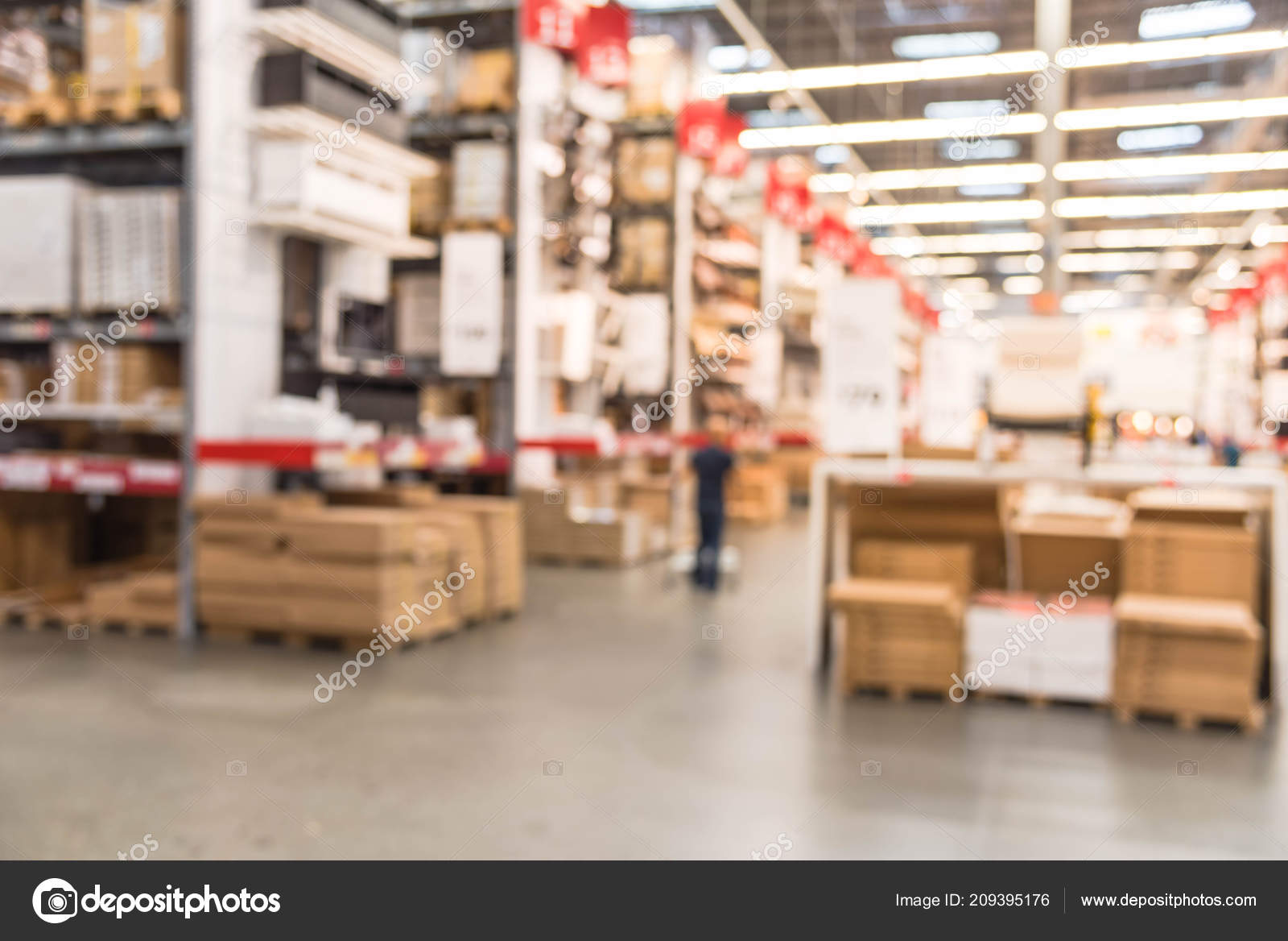 Blurred Customers Shopping Large Furniture Warehouse Row Aisles