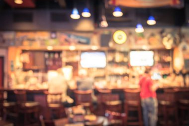 Bulanık görüntü spor ve bamya, Tv, klasik sayaç, Masa ve sandalyeler Houston, Texas, istiridye barı bize. Happy Hour bar, akşam yemeği arka plan. Gece kulübü, ızgara bar kavramı. Vintage filtre.