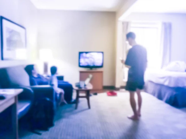 Blurred Rear View Asian Family Relaxing Sofa Watching American Hotel — Stock Photo, Image