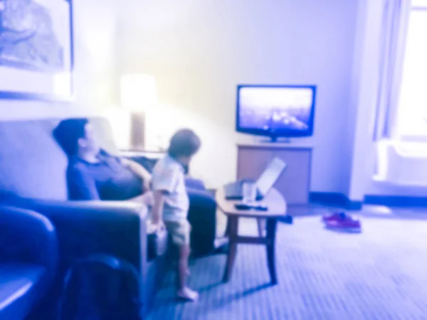 Motion Blurred Side View Asian Man Little Boy Resting Sofa — Stock Photo, Image