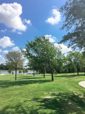 Green and clean lakeside park with pathway trail system in Coppell, Texas, USA. Grassy lawn park with mature trees under sunny summer cloud blue sky clipart