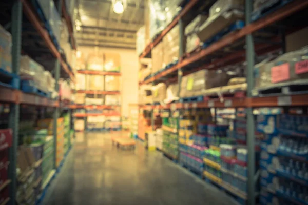 Blurred Image Row Aisles Bins Shelves Floor Ceiling Flatbed Cart — Stock Photo, Image