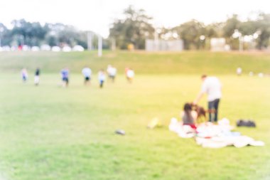 Vintage sesi ile Houston, Texas, yeşil Park açık piknik bir köpek mutlu çift bulanık bize. Aile pikniği ve izlerken insanlar oynamak oyun spor yeşil çayır çim üzerinde. Sağlıklı yaşam konsepti