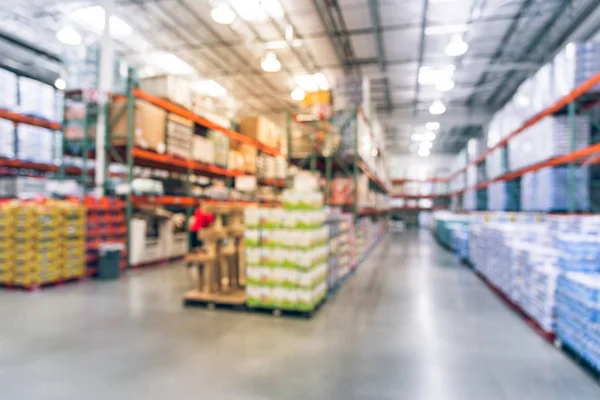 Blurred Image Large Warehouse Row Aisles Shelves Floor Ceiling Bin — Stock Photo, Image