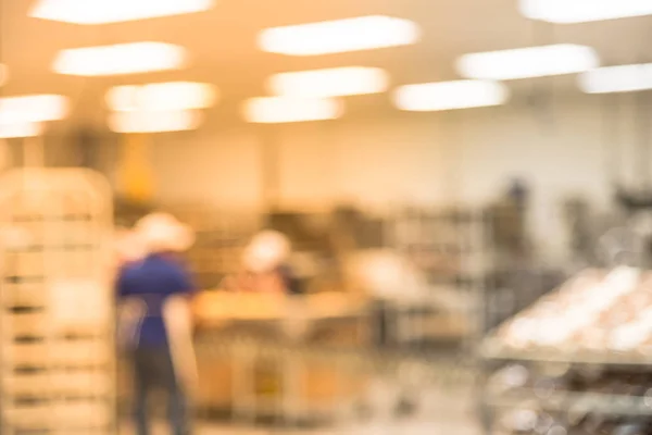 Blurred bakery shop in wholesale store with baking machine, oven, conveyor, production line, mixer, cooling plant and worker in uniform. Modern food processing plant factory. Food industry background