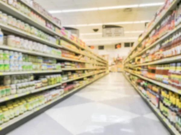 Blurred Variety Sauces Pickled Vegetable Vinegar Cooking Wine Shelves Grocery — Stock Photo, Image