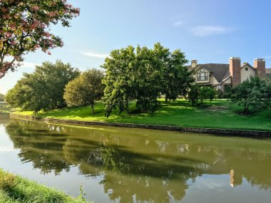 Riverside evleri Olgun ağaçlar ve krep myrtle ile çevrili (Lagerstroemia) çok yönlü bitki çiçek Irving, Teksas, ABD.