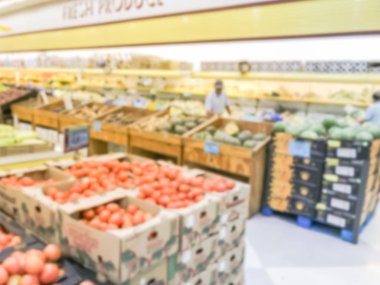 Hareket için taze üretir, meyve ve sebze, Dallas, Texas, ABD Asya süpermarkette alışveriş müşteriler bulanık. Ufuk gıda arka plan insanlar markette tarama. Sağlıklı kavramı
