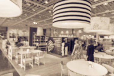Vintage sesi bulanık büyük kafeterya, Restoran, kantin, yemek, yemek alışveriş merkezi, perakende mağaza müşteri ya da şirket Texas, Usa. Ufuk modern genel yemek alanı için arka plan kullanın