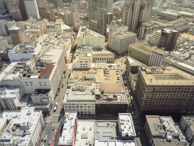 Havadan görünümü şehir San Francisco ve Güney Pazar semtinden Union Square. Üstgeçidin yoğun manzarası ve kentsel sahne