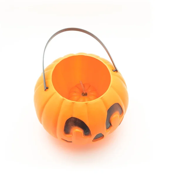 Felülnézet Jack Lantern Halloween Sütőtök Vödör Mini Tök Elszigetelt Fehér — Stock Fotó