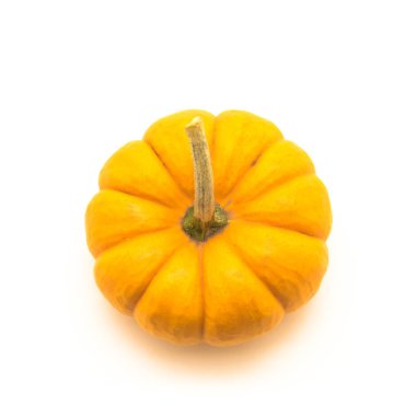 Üstten görünüm studio tek ham mini balkabağı beyaz arka plan üzerinde izole kök ile vurdu. Cadılar Bayramı dekorasyon nesne kopya alanı ile