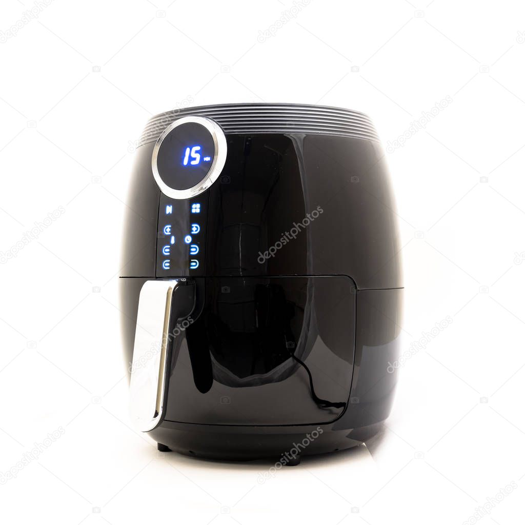 Studio shot of digital air fryer isolated on white background