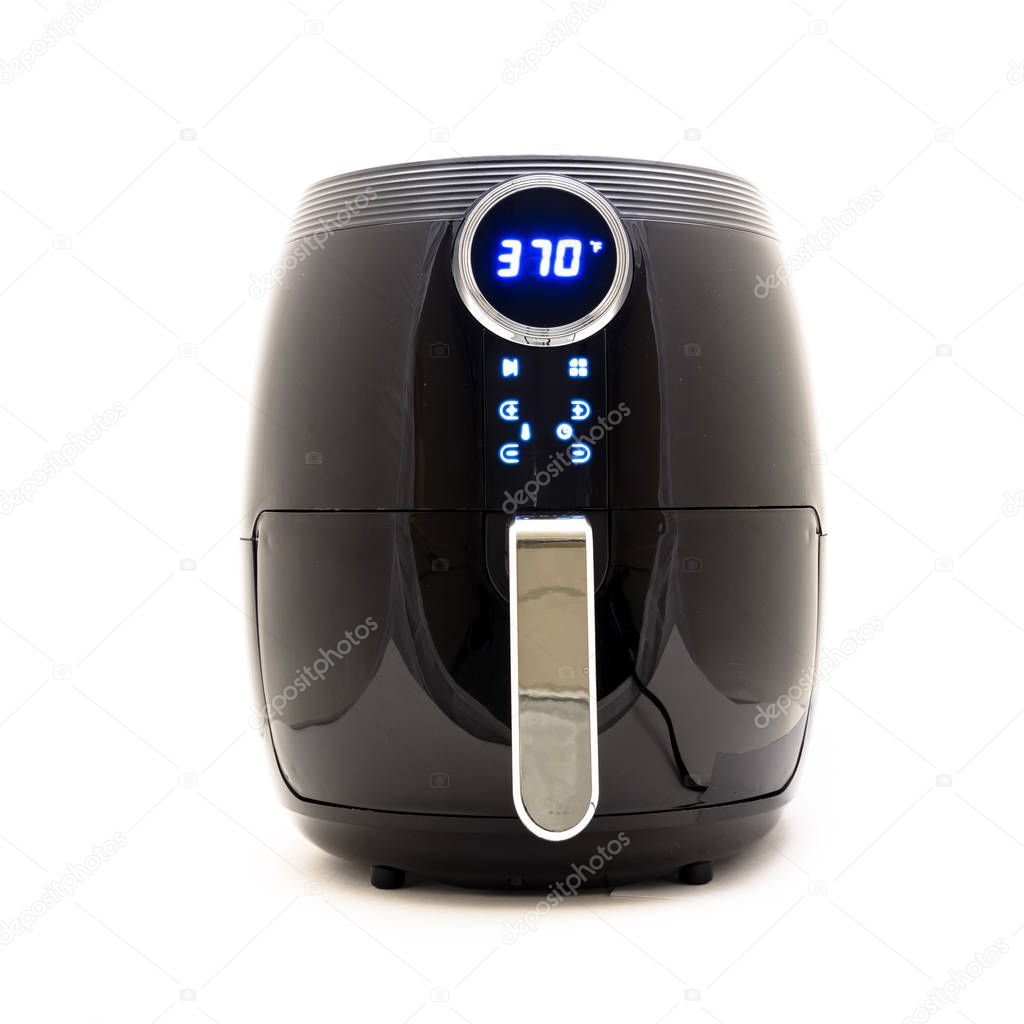 Studio shot of digital air fryer isolated on white background