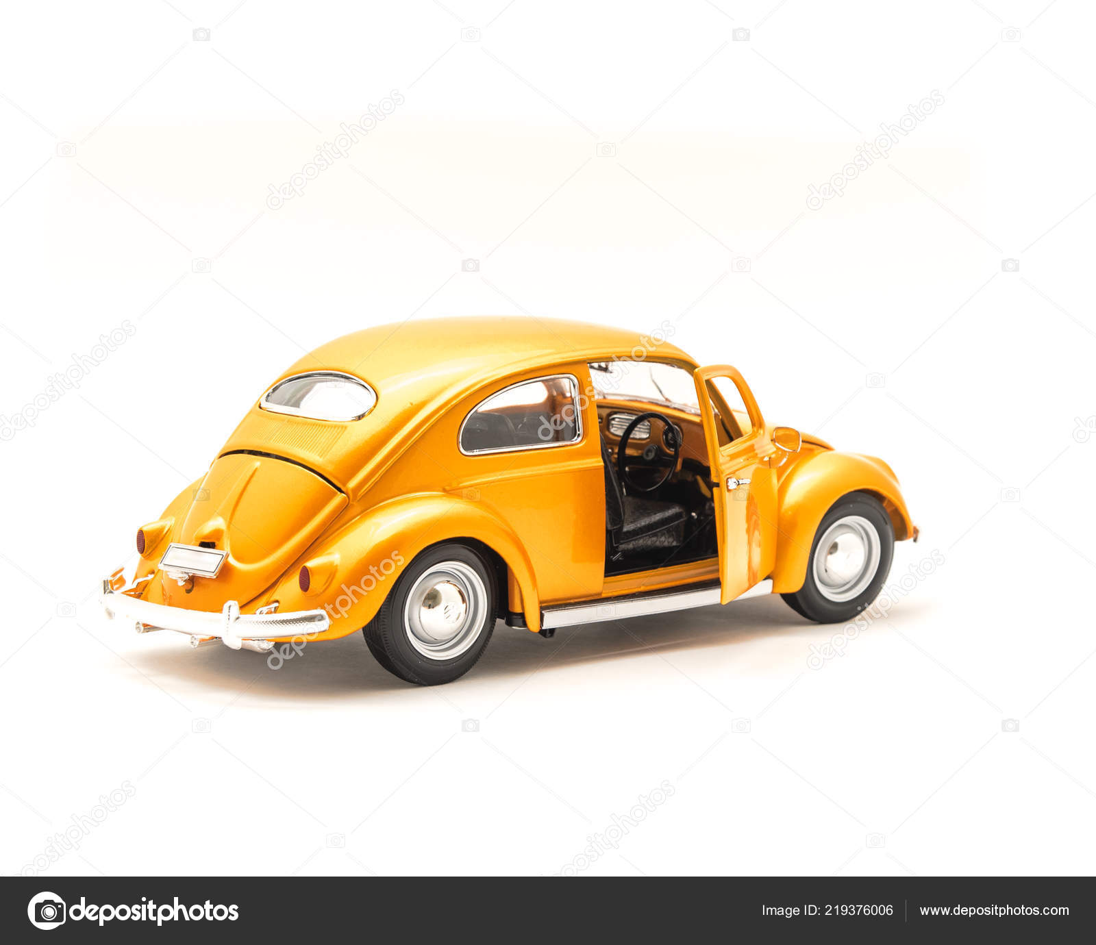 Close Studio Shot Orange Toy Car Open Door Isolated White