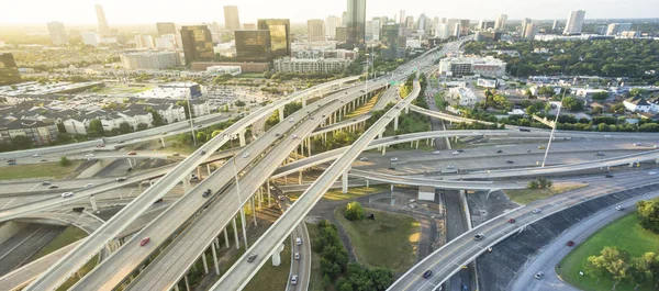 Panorama Antenn Interstate 610 Freeway Massiva Korsningen Och Houston Midtown — Stockfoto