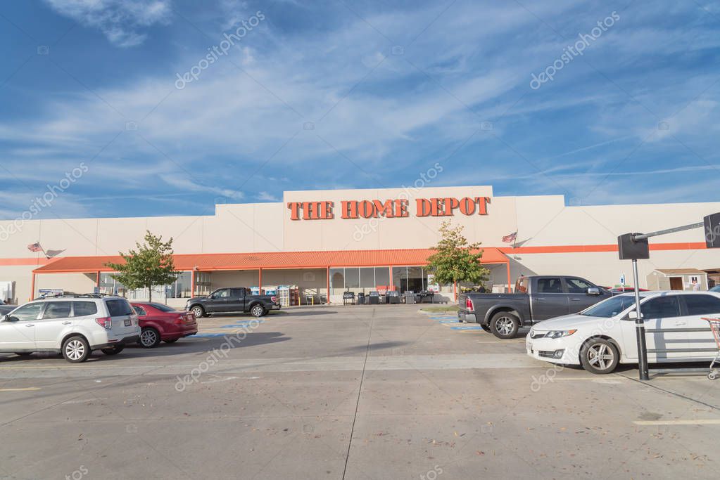 IRVING, TX, US-OCT 30, 2018:Home Depot exterior storefront with autumn leaves color. A home improvement supply superstore, big-box that sells hardwares, construction products, tool rental services