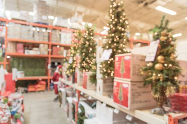 Arka plan Christmas ev dekorasyonu, bulanık Led Işıklı geyik, led kardan adam, Texas, Amerika donanım mağazasında santa açılır.