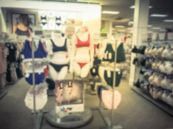模糊抽象的女性内衣和内衣收藏在美国百货公司零售连锁 内裤和胸罩中脱脂的女性人体模型 — 图库照片