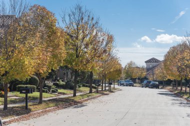 Yeni geliştirme alt bölümü ile Dallas, Texas banliyösü sakin yerleşim sokakta sonbahar güneşli. Sarı düşen yapraklar kaldırım mahalle. Amerika'da sokakta park edilmiş araba