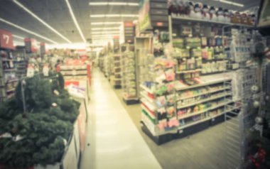 Teksas, ABD perakende mağazasında görüntüle bulanık soyut Noel bölümü. Ufuk tatil arka plan