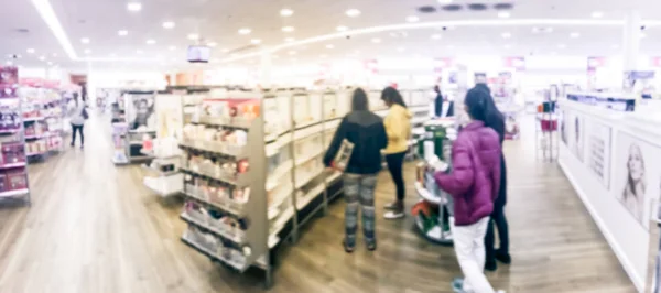 Panorama view blurred customer shopping at beauty stores in Texas, USA. Variety of prestige & mass cosmetics, makeup, fragrance, skincare, bath & body, hair care tools & salon, nails, tools & brushes