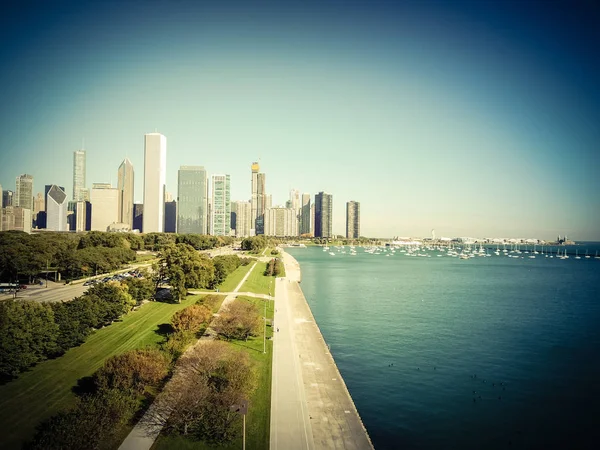 Vintage Sesi Havadan Görünümü Şehir Chicago Grant Park Uzun Boylu — Stok fotoğraf