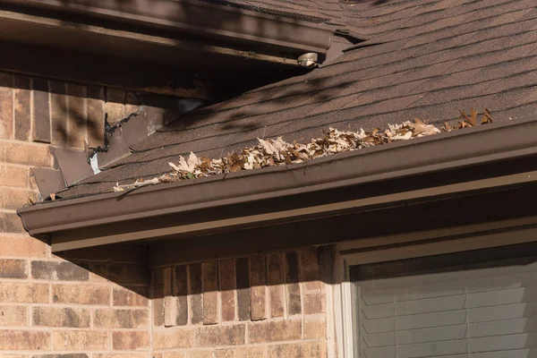 Close Rain Gutter Residential Home Clogged Dried Fall Leaves Shingles — Stock Photo, Image