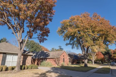 Dallas, Texas, Usa yakınındaki renkli sonbahar yaprakları çevrili Caddesi üzerinde park edilmiş araba ile konut evleri