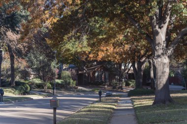 Dallas, Texas, yakın konut ev Amerika'da sezon sonbahar. Renkli sonbahar yaprakları ile çevrili tek aile ev