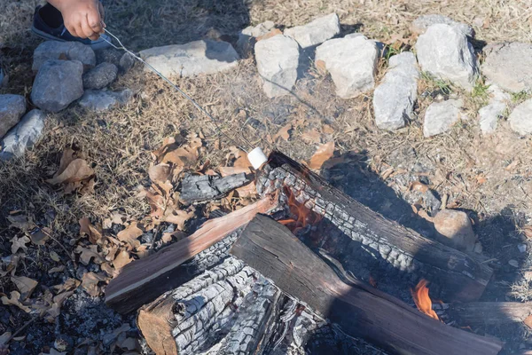 Men Hands Grilling Marshmallows Outdoor Campfire Sunny Cold Fall Day — Stock Photo, Image