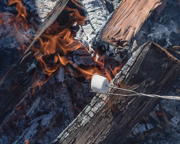 Marshmallow Špejle Pražení Nad Oheň Plameny Venkovní Táborák Lahodné Bílé — Stock fotografie