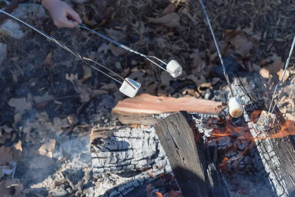 Mehrere Marshmallows Erstreckten Sich Über Das Lagerfeuer Braten Kamin Mit — Stockfoto