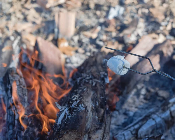 在室外篝火的火焰上烤的串串上的棉花糖 美味的白色蓬松烤棉花糖 — 图库照片
