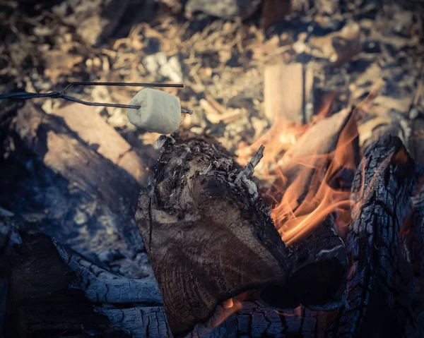 复古色调棉花糖在室外篝火的火焰上烤的扭曲 美味的白色蓬松烤甜食 — 图库照片