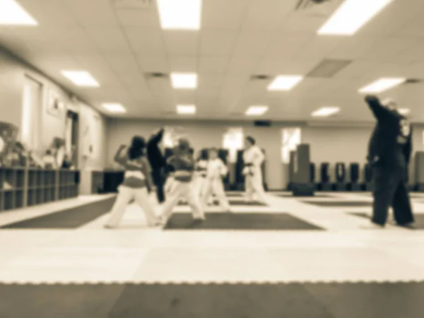 复古色调模糊运动室内跆拳道课与教练和幼儿男生在得克萨斯州 — 图库照片