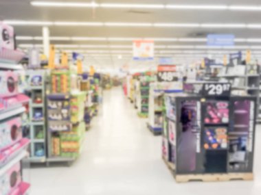 Bulanık çeşitli oyuncaklar perakende bakkal Texas, Amerika ekranda