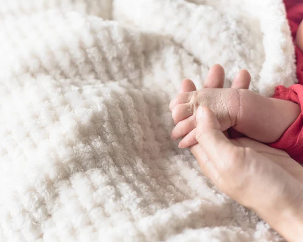 Madre Cercana Sosteniendo Bebé Con Una Pequeña Mano Palma Mano —  Fotos de Stock