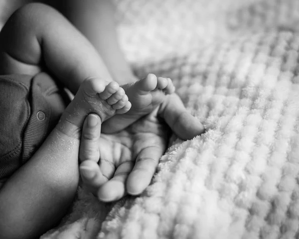 Vintage Tonen Närbild Baby Nyfödda Fötter Hennes Mor Palms Kärlek — Stockfoto