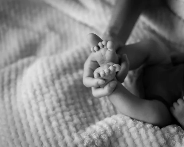 Vintage Tonen Närbild Baby Nyfödda Fötter Hennes Mor Palms Kärlek — Stockfoto