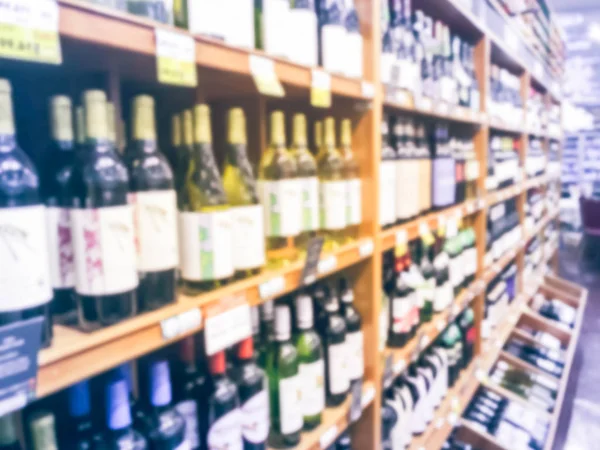 Blurred Abstract Large International Collection Wine Wooden Cellar Grocery Store — Stock Photo, Image