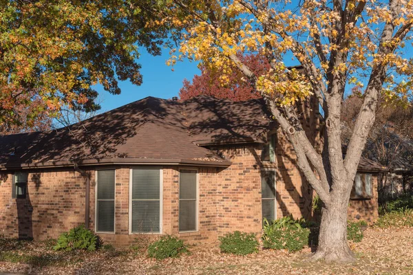 Typical single-family house at street corner with colorful autumn leaves in Flower Mound, Texas, USA. One story residential house with brick house and big trees